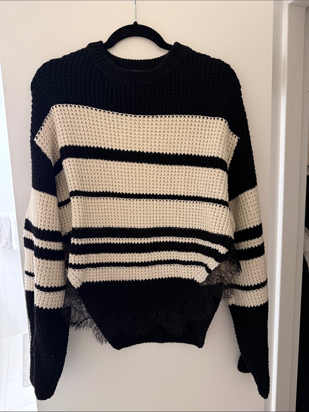 Self-Portrait Black and Cream Striped Crewneck Sweater with Lace Trim